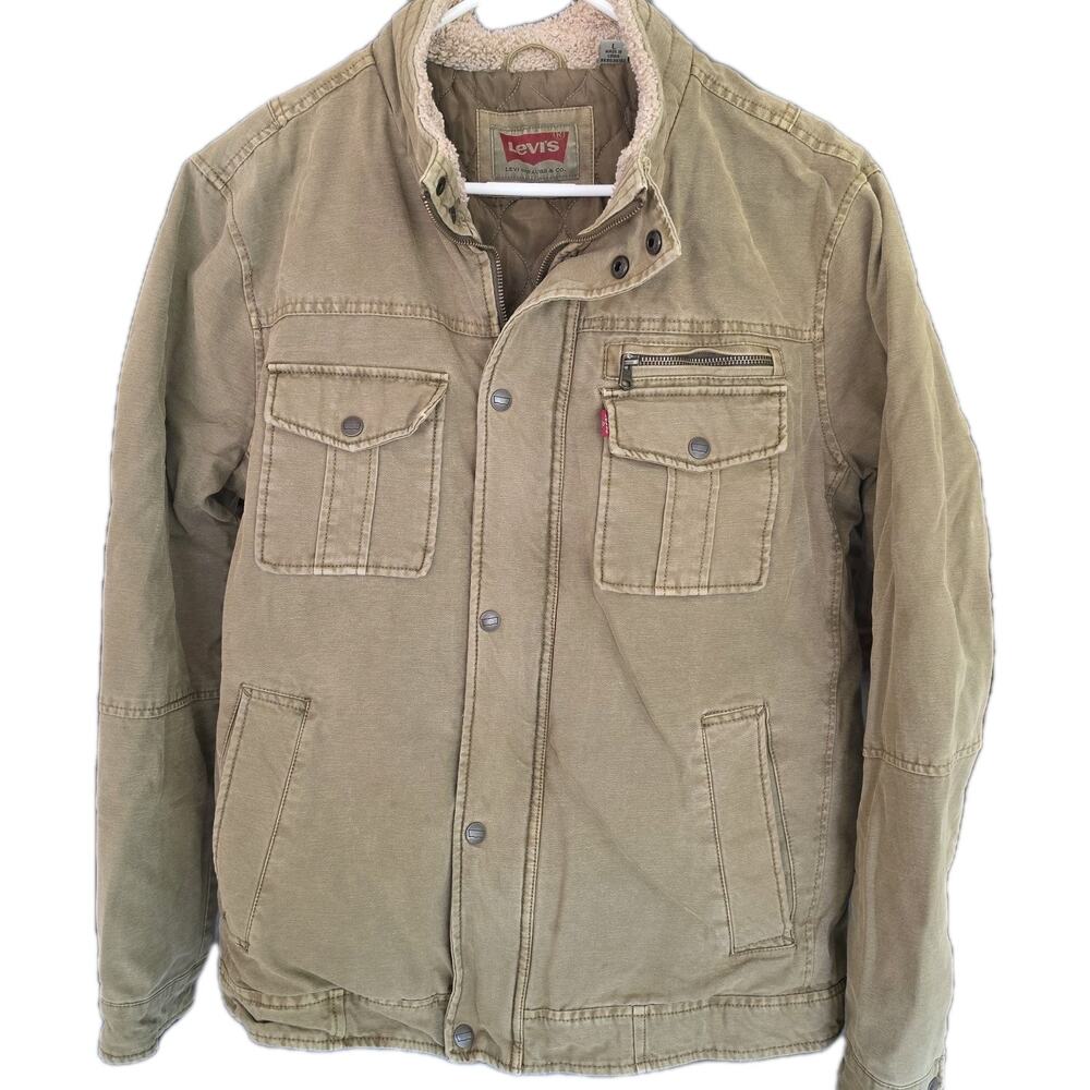 Levi's Trucker Jacket Military Green Sz Large Cotton Sherpa Lined Zip Snap